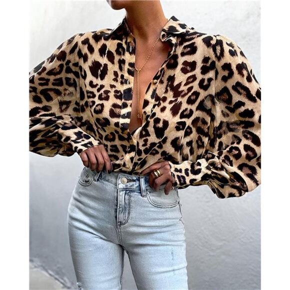 Cheetah Printed Button Up Shirt Casual Long Puff Sleeve‎ Blouse Boho Dressy Top - Picture 1 of 5